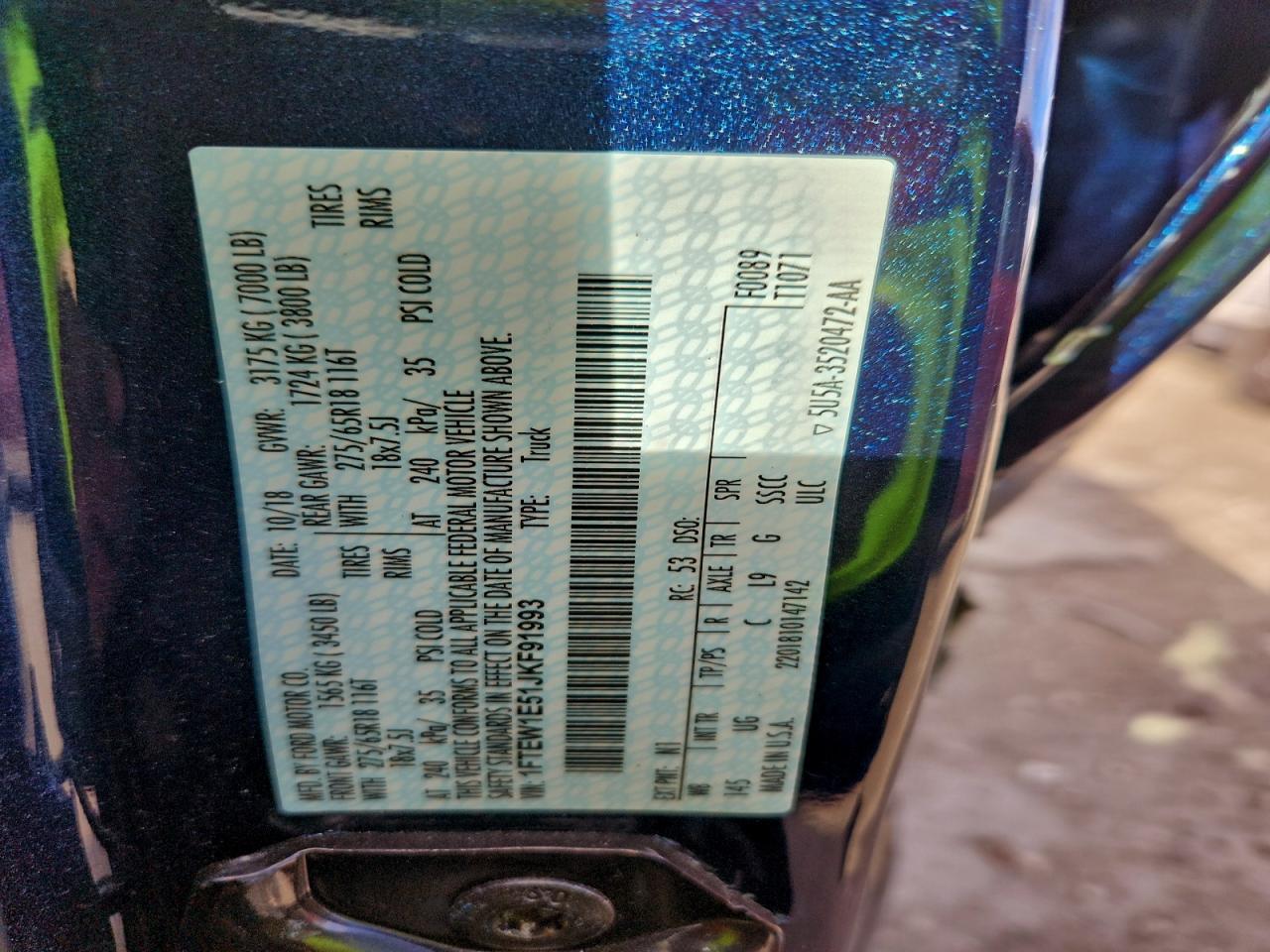 2018 Ford F150 Supercrew VIN: 1FTEW1E51JKF91993 Lot: 94367635