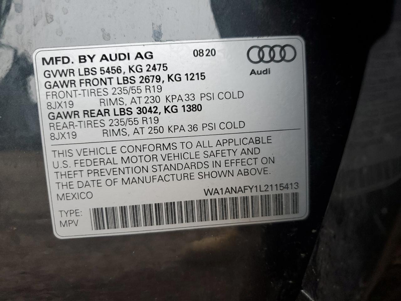 2020 Audi Q5 Premium VIN: WA1ANAFY1L2115413 Lot: 93406715