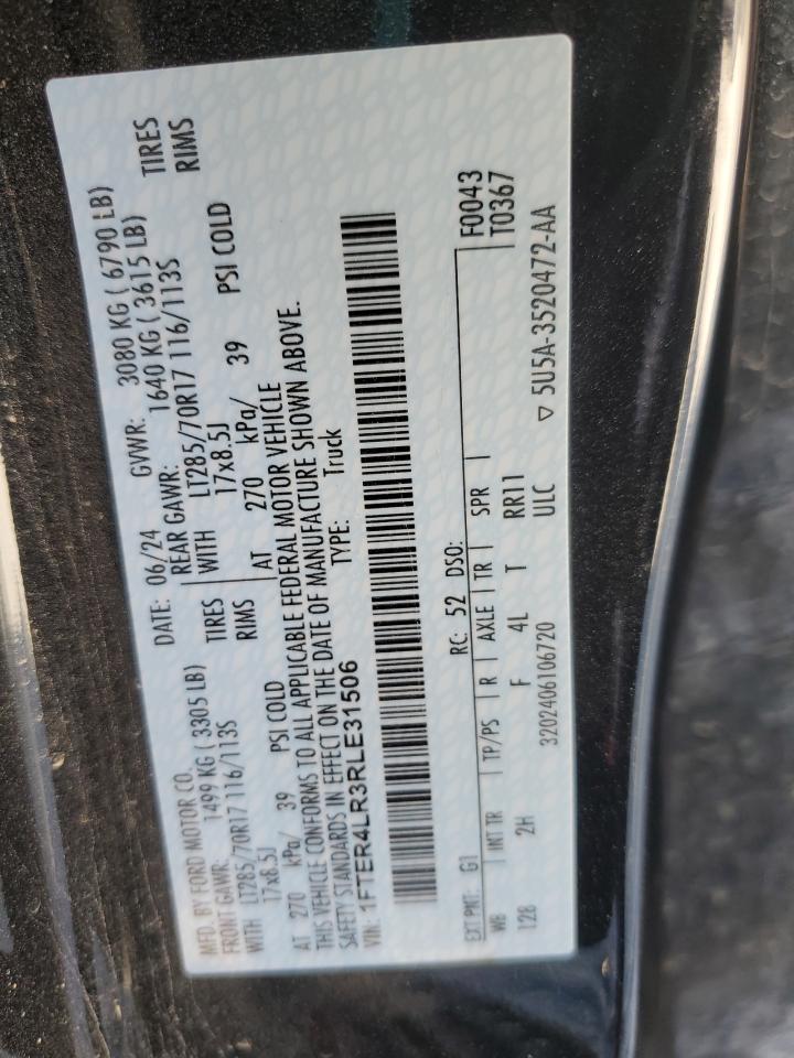 2024 Ford Ranger Raptor VIN: 1FTER4LR3RLE31506 Lot: 91717625