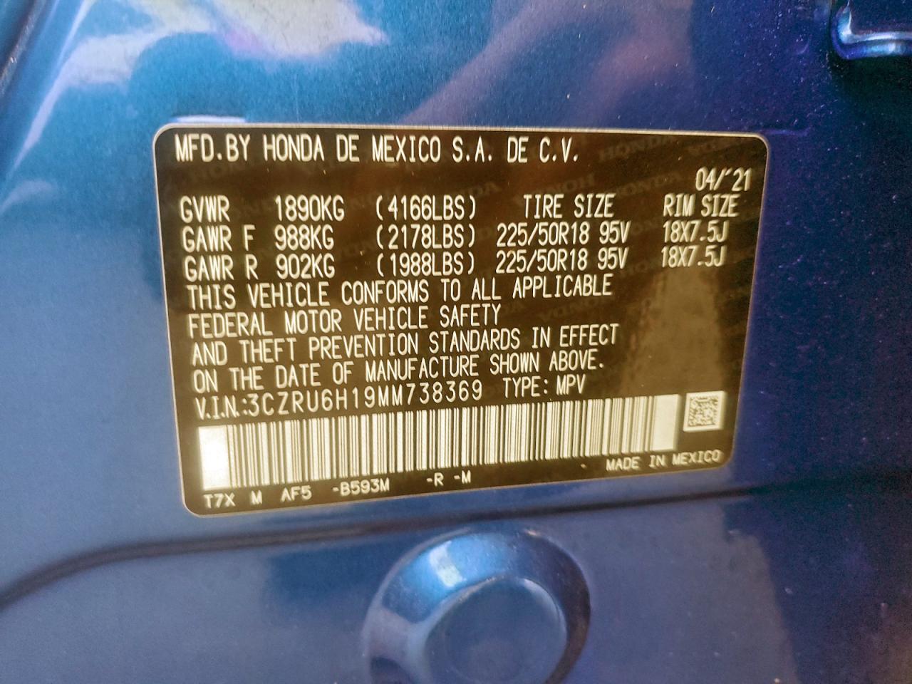 2021 Honda Hr-V Sport VIN: 3CZRU6H19MM738369 Lot: 94543435