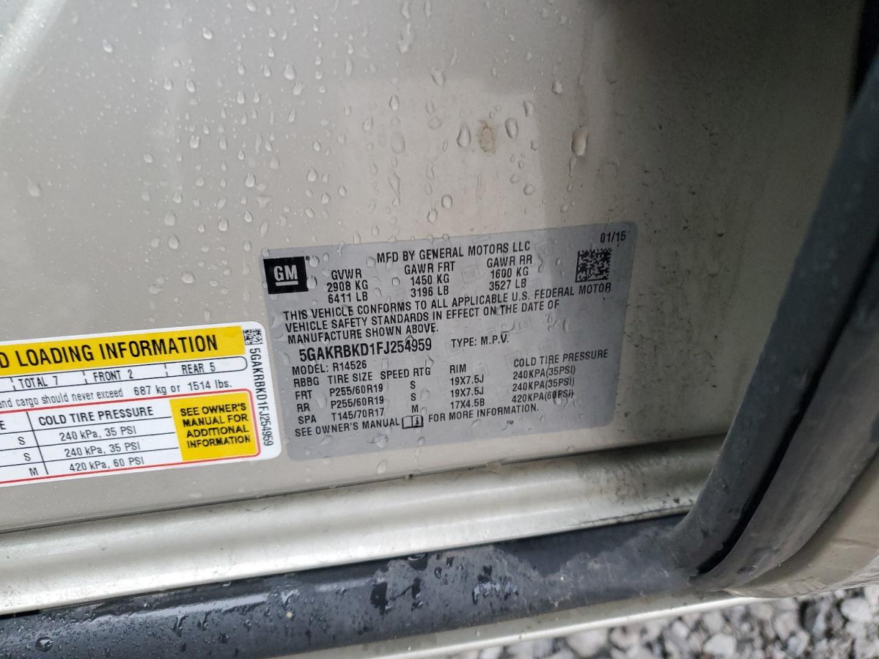 2015 Buick Enclave VIN: 5GAKRBKD1FJ254959 Lot: 93196445