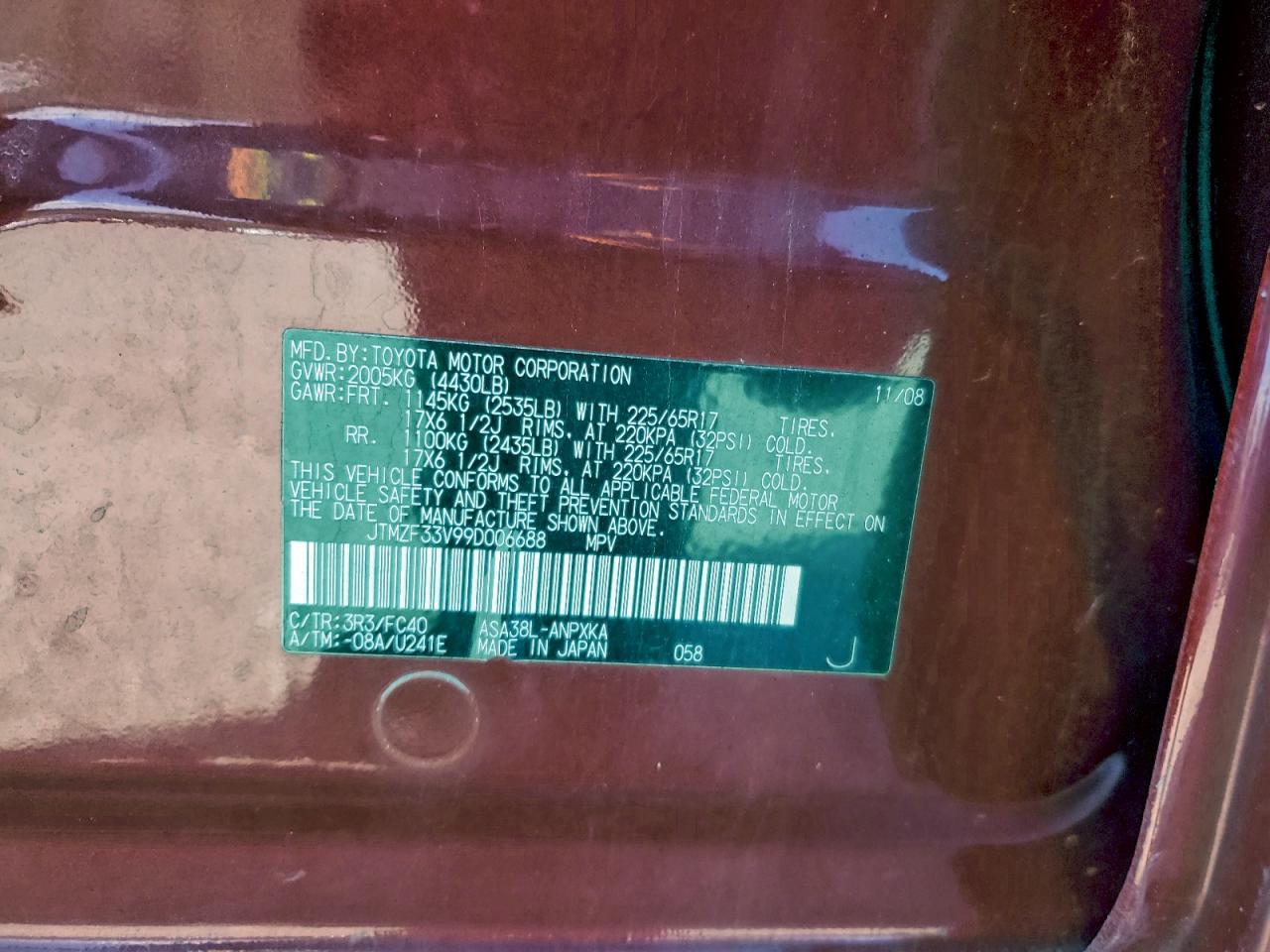 2009 Toyota Rav4 VIN: JTMZF33V99D006688 Lot: 93529305