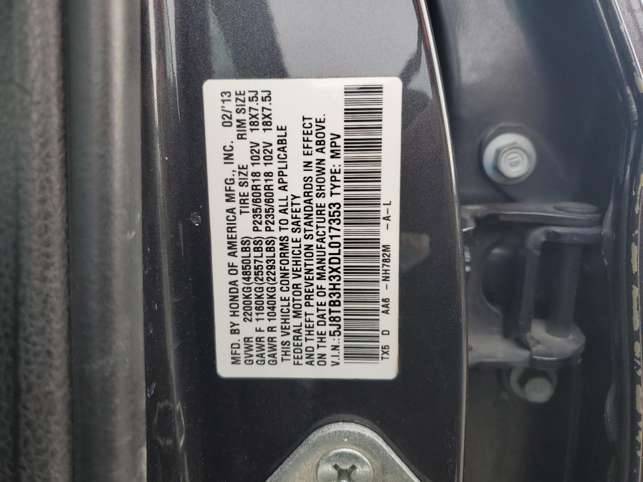 2013 Acura Rdx VIN: 5J8TB3H3XDL017353 Lot: 91780605