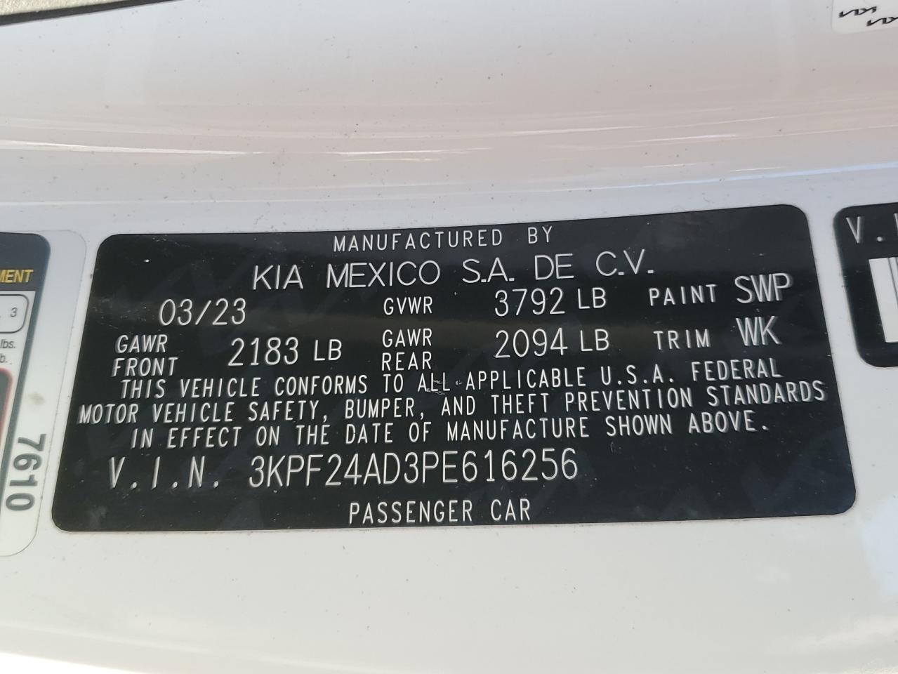 2023 Kia Forte Lx VIN: 3KPF24AD3PE616256 Lot: 91903725