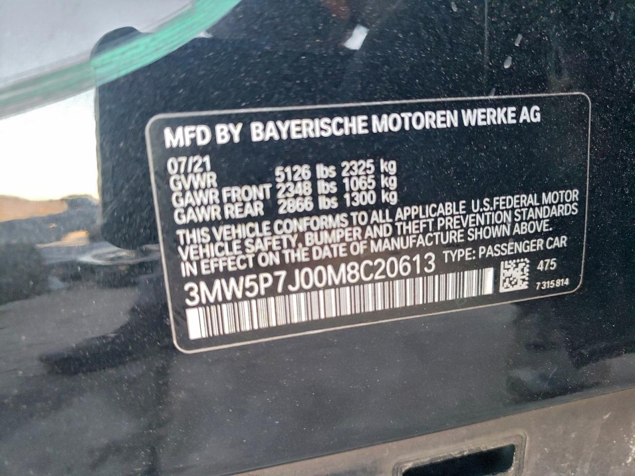 2021 BMW 330E VIN: 3MW5P7J00M8C20613 Lot: 94183575