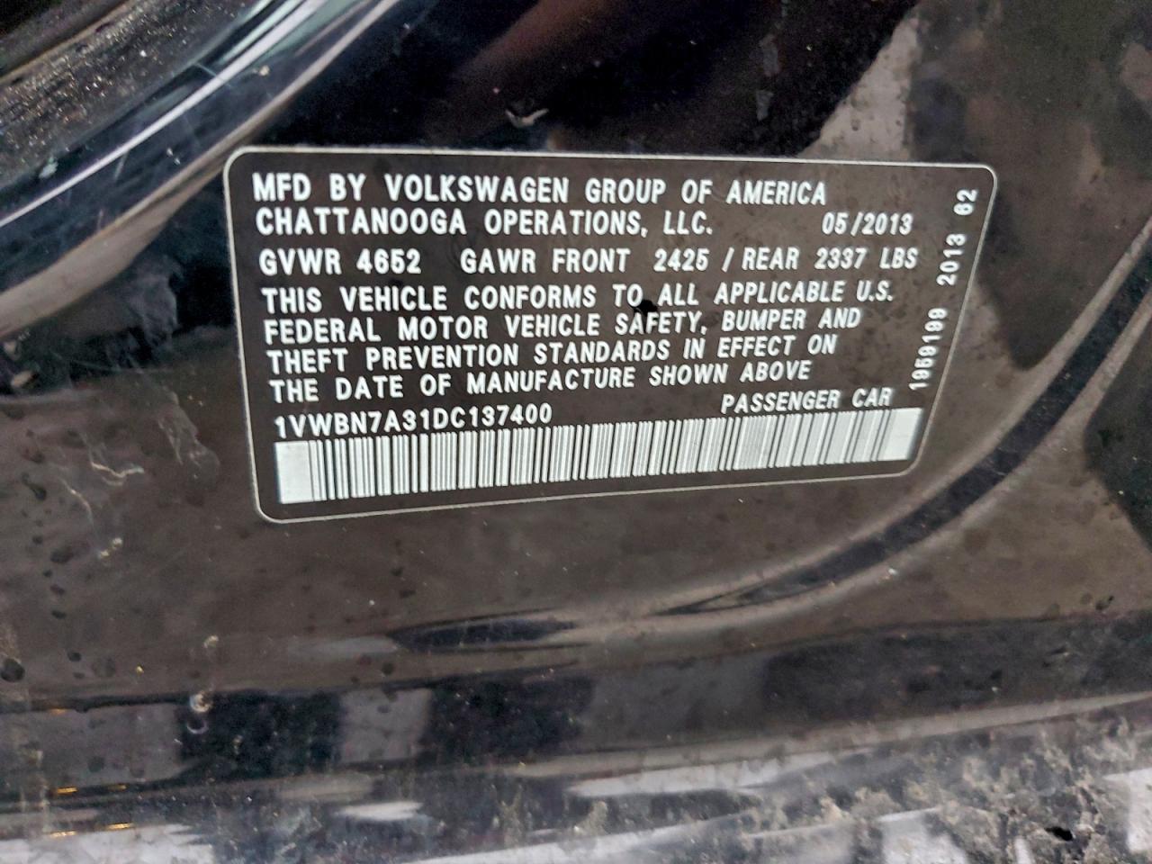 2013 Volkswagen Passat Se VIN: 1VWBN7A31DC137400 Lot: 94178535