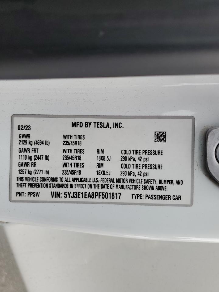 2023 Tesla Model 3 VIN: 5YJ3E1EA8PF501817 Lot: 92675985