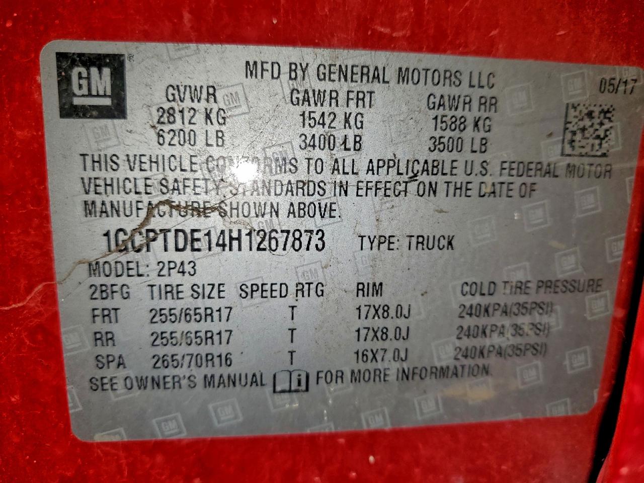 2017 Chevrolet Colorado Z71 VIN: 1GCPTDE14H1267873 Lot: 91902405