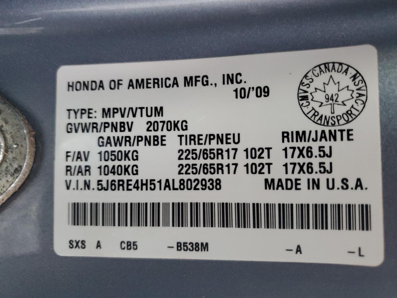 2010 Honda Cr-V Ex VIN: 5J6RE4H51AL802938 Lot: 91255315