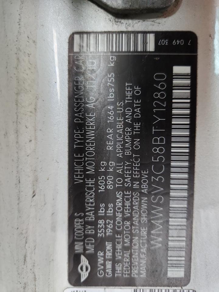 2011 Mini Cooper S VIN: WMWSV3C58BTY12860 Lot: 91792735