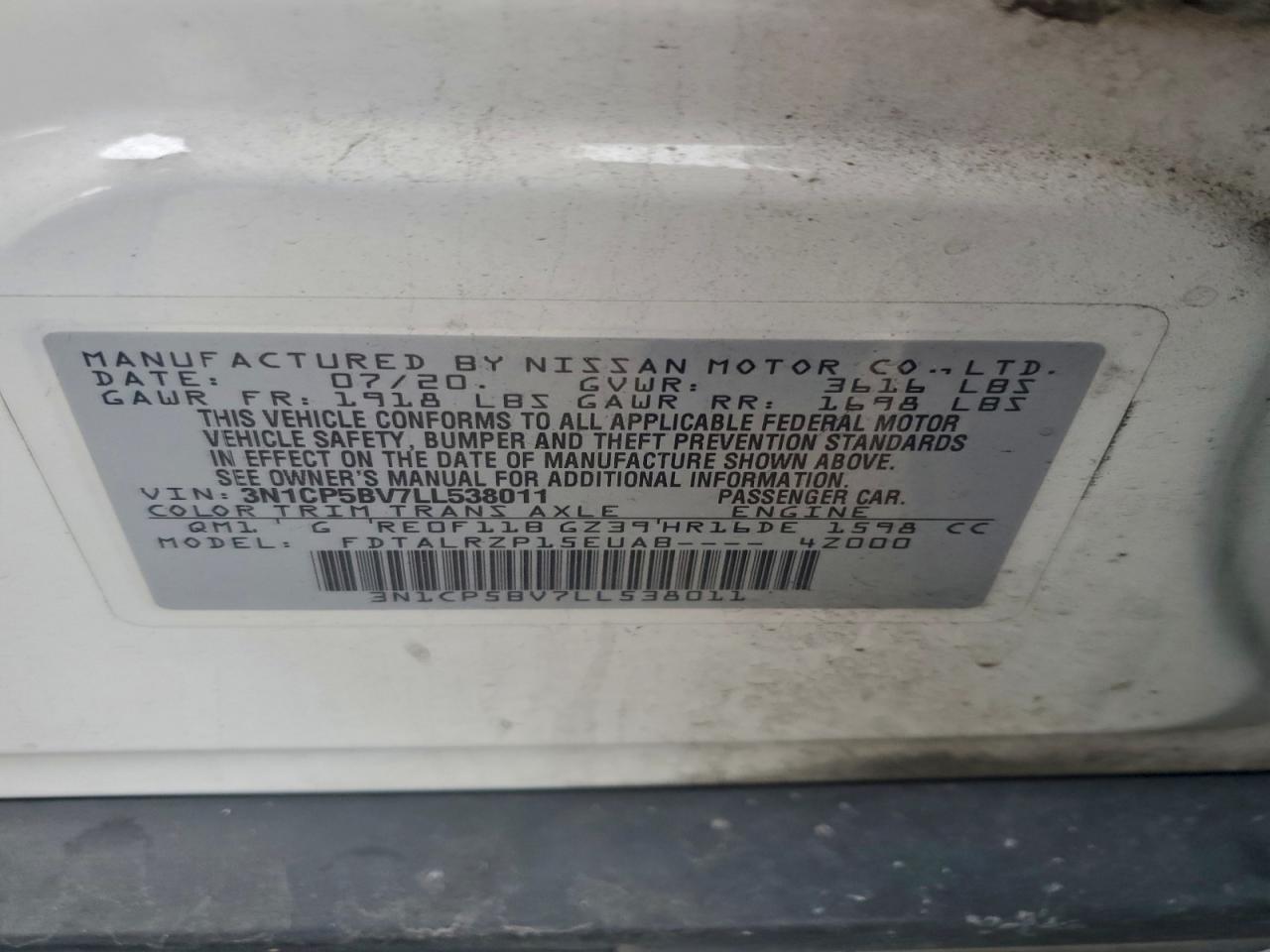 2020 Nissan Kicks S VIN: 3N1CP5BV7LL538011 Lot: 94115825