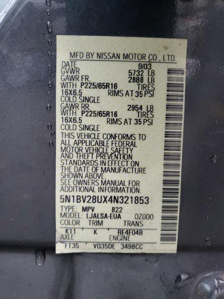 2004 Nissan Quest S VIN: 5N1BV28UX4N321853 Lot: 92721405