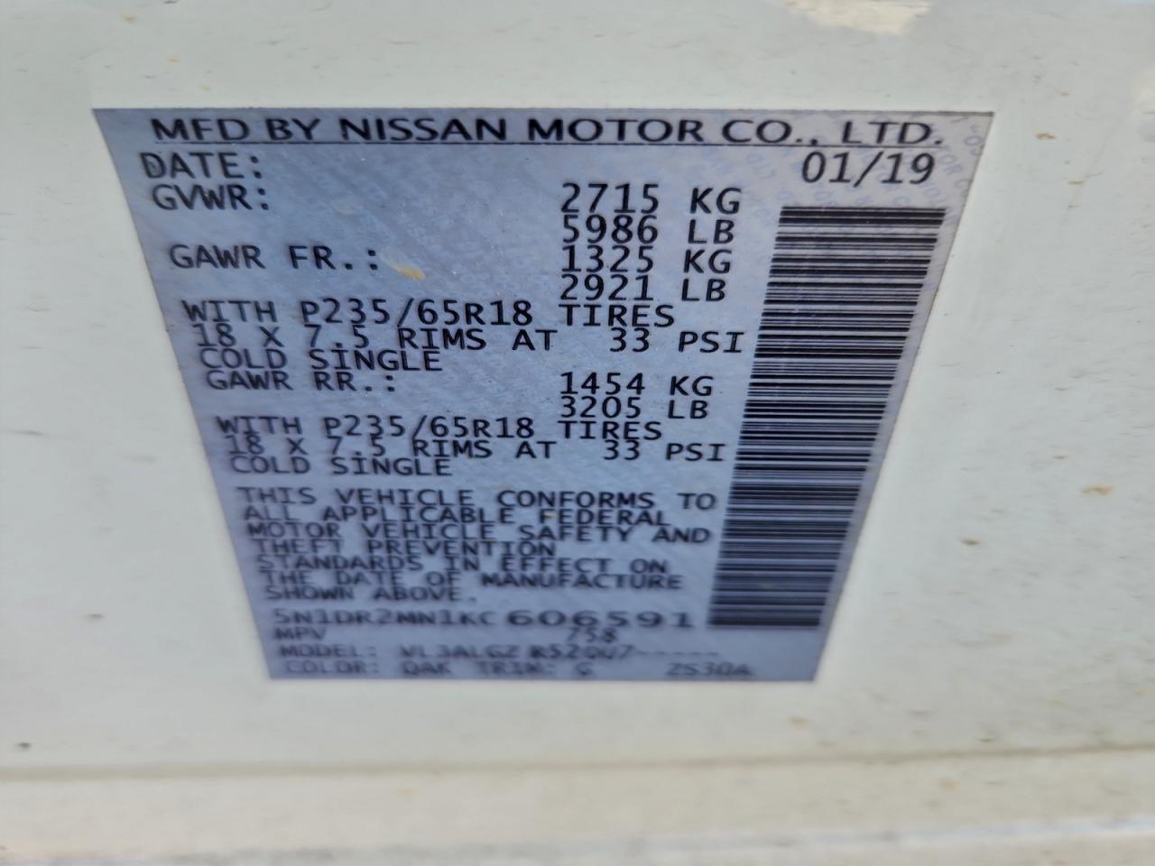 2019 Nissan Pathfinder S VIN: 5N1DR2MN1KC606591 Lot: 94380145