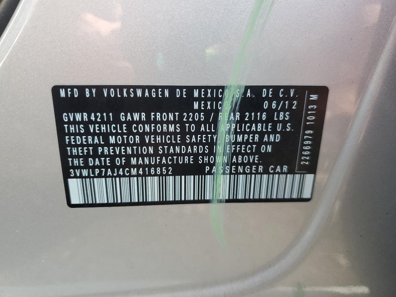 2012 Volkswagen Jetta Sel VIN: 3VWLP7AJ4CM416852 Lot: 93812215