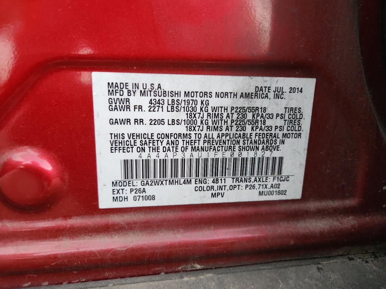 2015 Mitsubishi Outlander Sport Es VIN: 4A4AP3AU1FE001827 Lot: 92891275