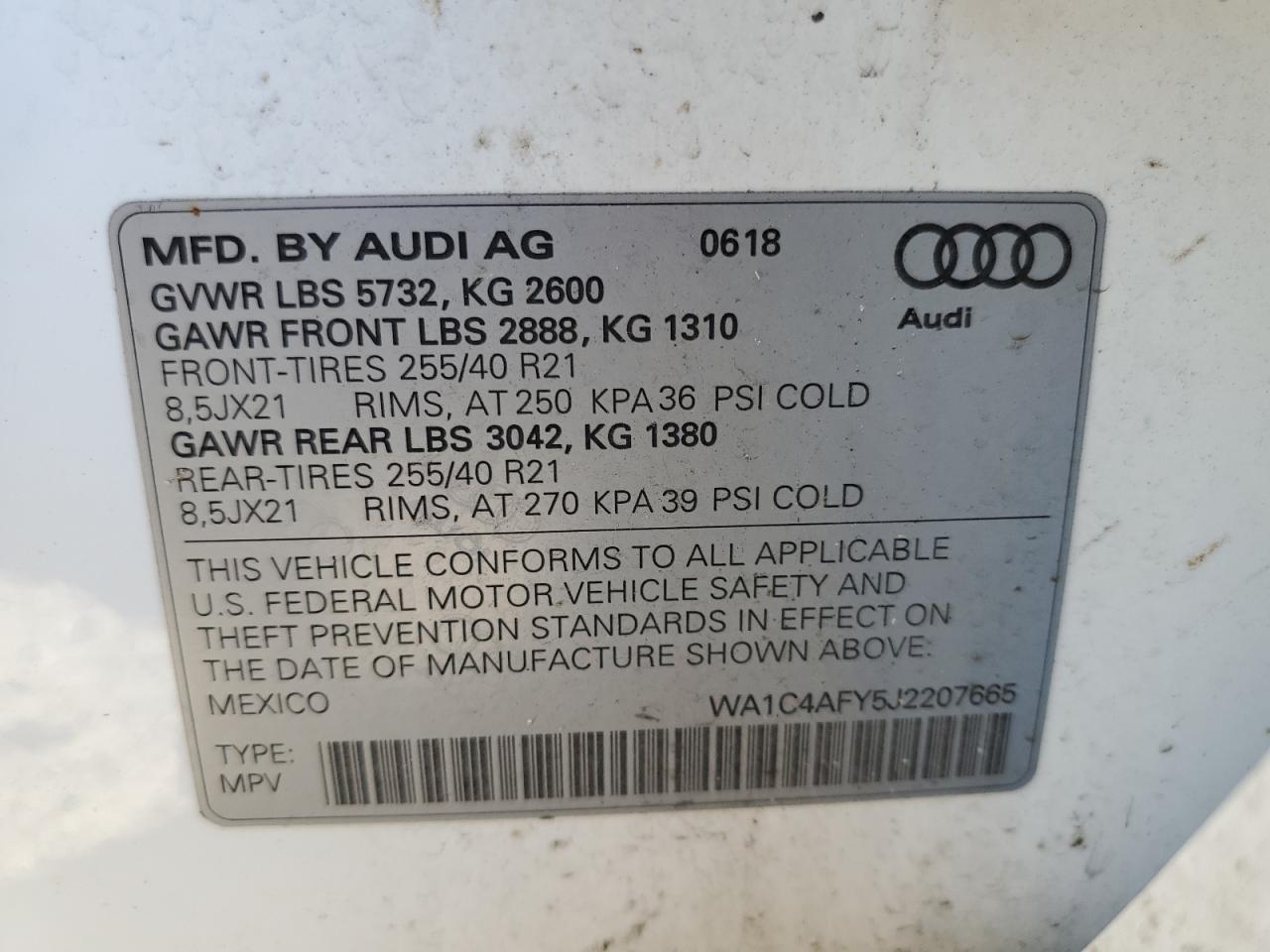 2018 Audi Sq5 Prestige VIN: WA1C4AFY5J2207665 Lot: 92186965