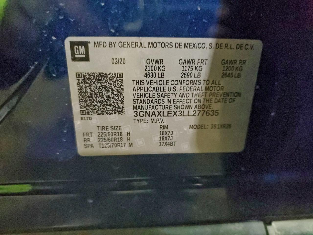 2020 Chevrolet Equinox Lt VIN: 3GNAXLEX3LL277635 Lot: 94509135