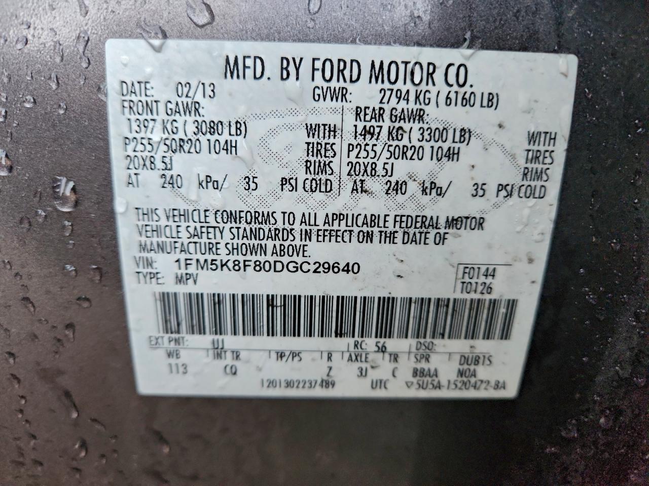 2013 Ford Explorer Limited VIN: 1FM5K8F80DGC29640 Lot: 94253325