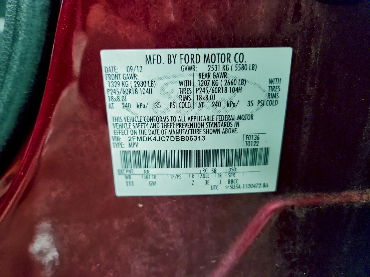 2013 Ford Edge Sel VIN: 2FMDK4JC7DBB06313 Lot: 93892355