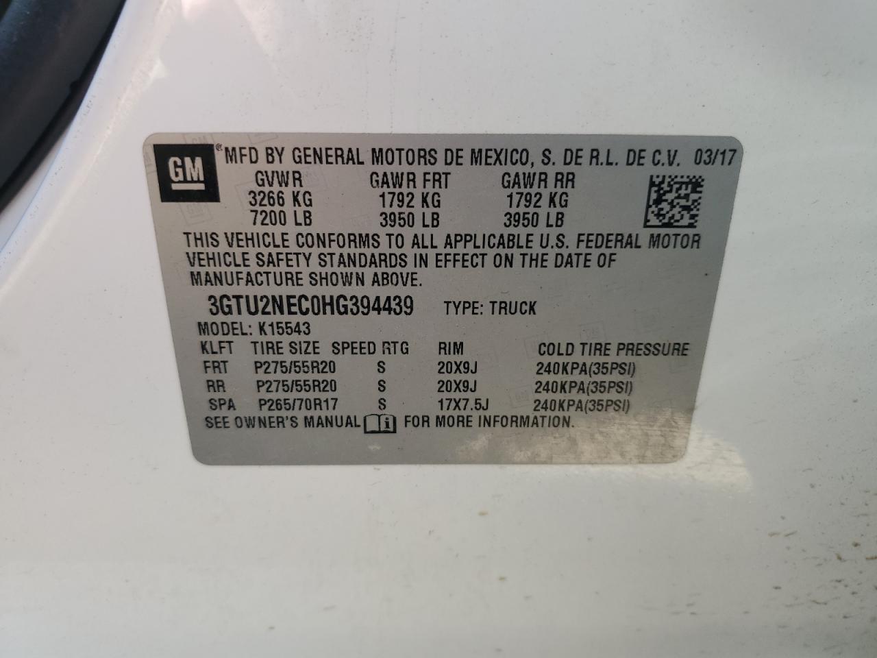 2017 GMC Sierra K1500 Slt VIN: 3GTU2NEC0HG394439 Lot: 91503105