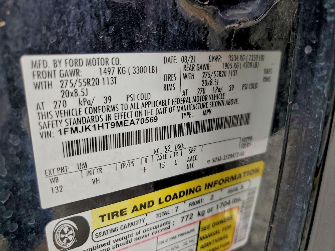 2021 Ford Expedition Max Xlt VIN: 1FMJK1HT9MEA70569 Lot: 94350485