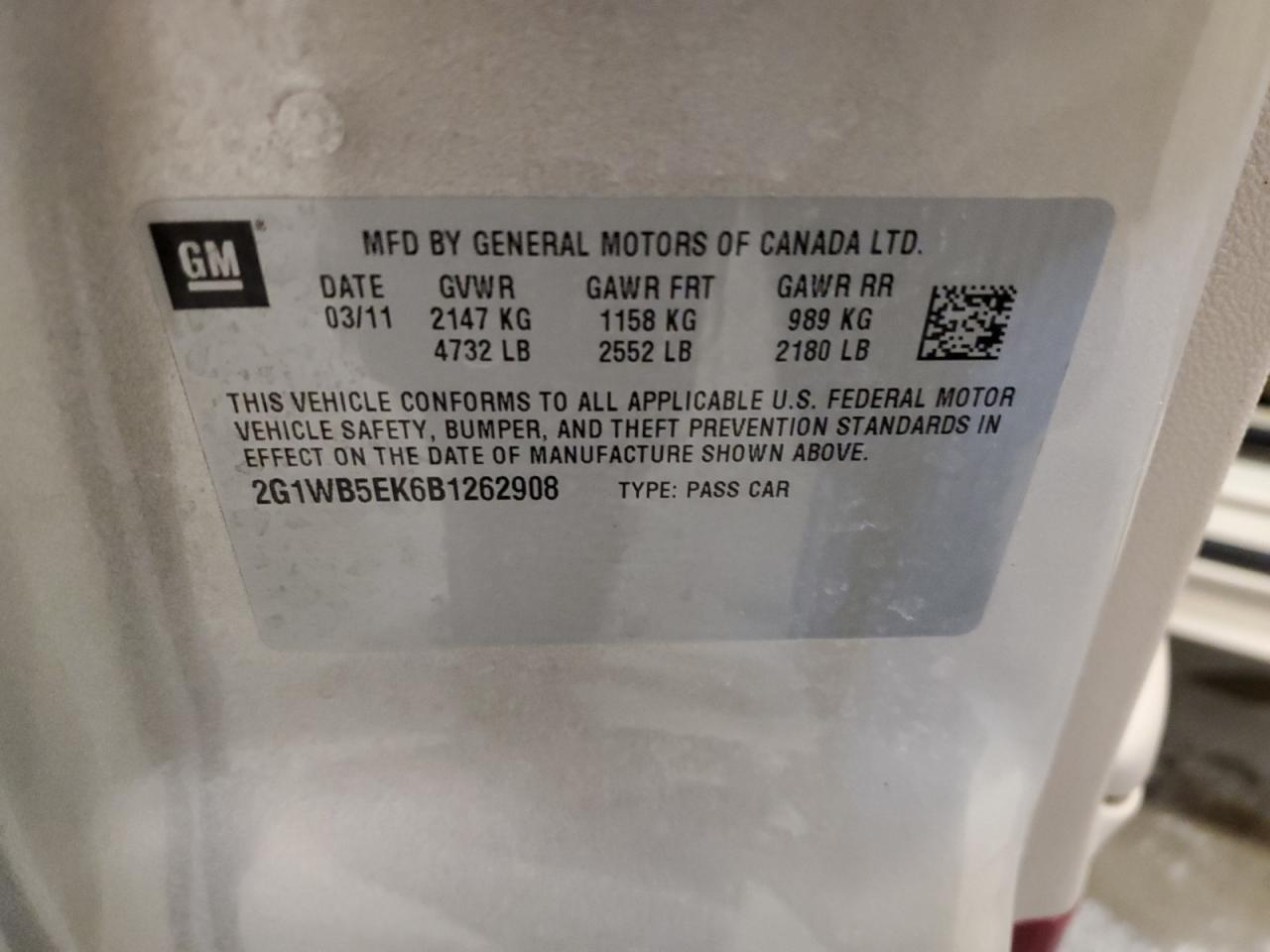 2011 Chevrolet Impala Lt VIN: 2G1WB5EK6B1262908 Lot: 91114485