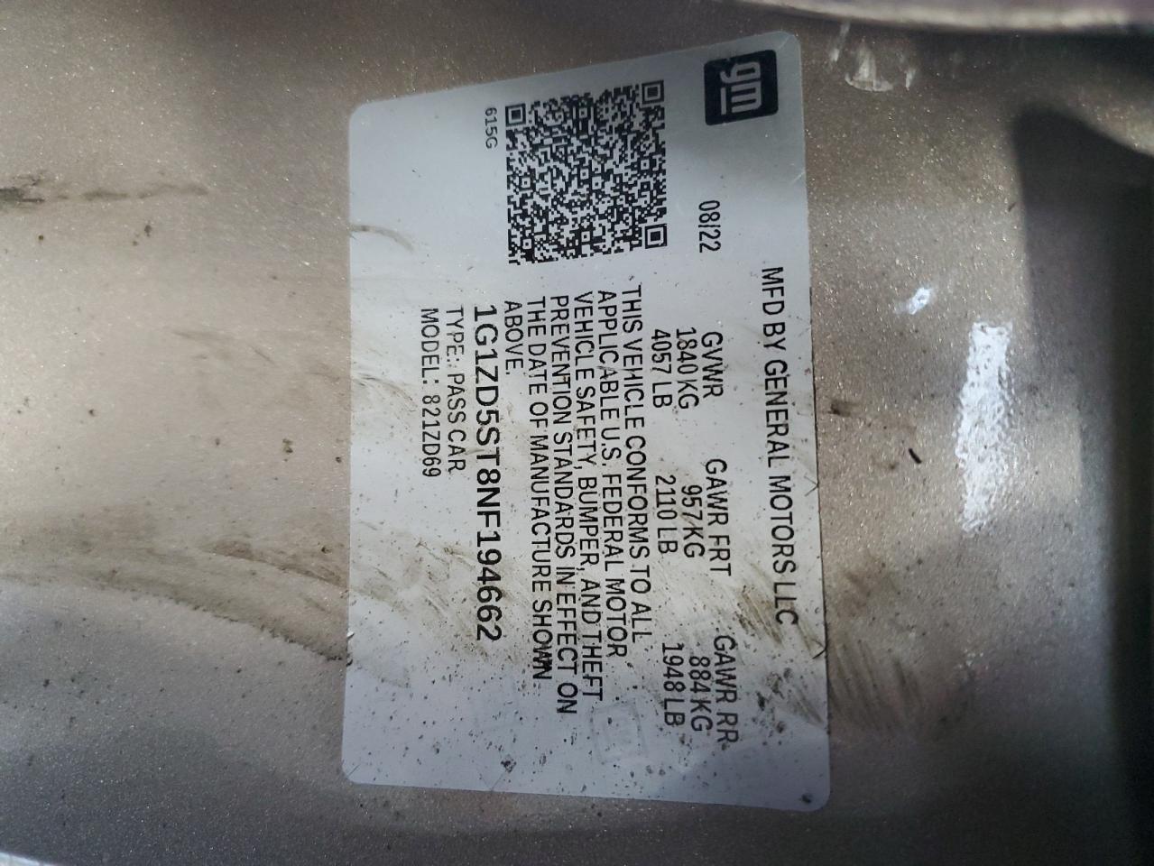 2022 Chevrolet Malibu Lt VIN: 1G1ZD5ST8NF194662 Lot: 91254245