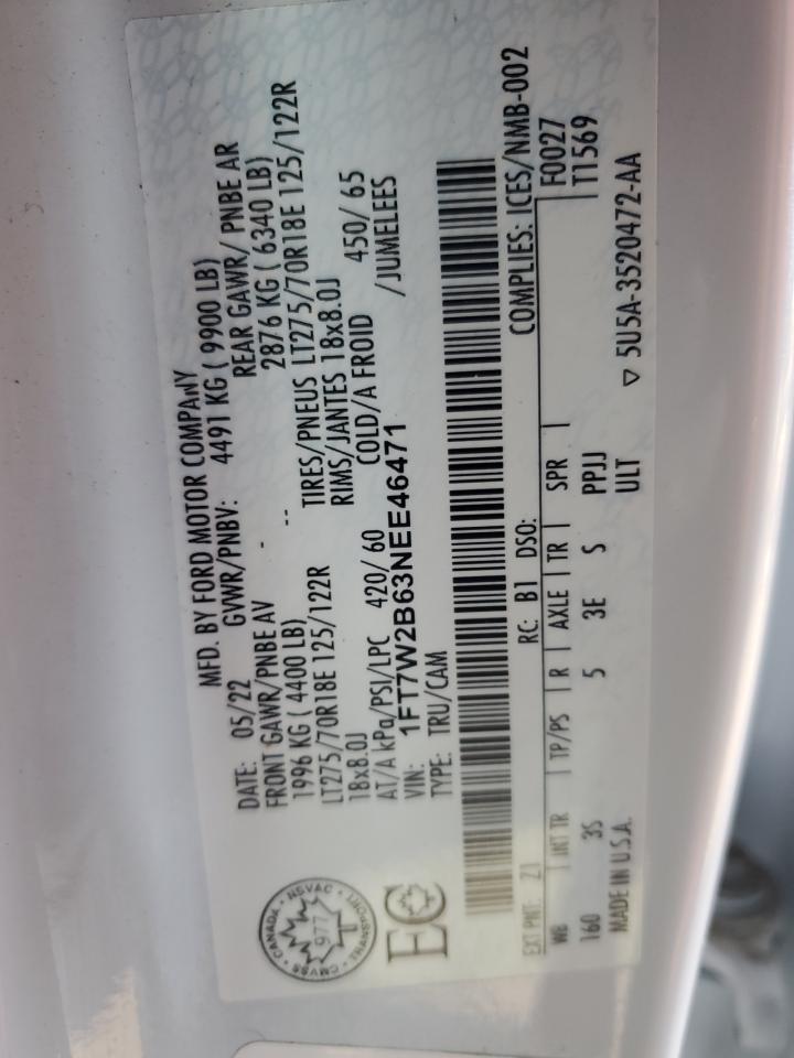 2022 Ford F250 Super Duty VIN: 1FT7W2B63NEE46471 Lot: 92253335