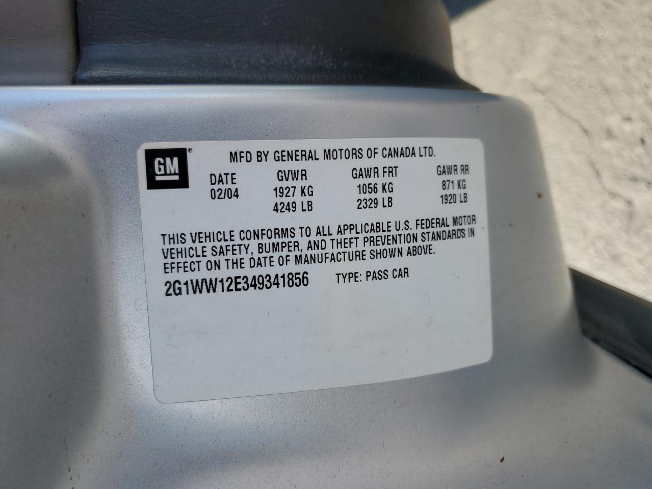 2004 Chevrolet Monte Carlo Ls VIN: 2G1WW12E349341856 Lot: 91061635