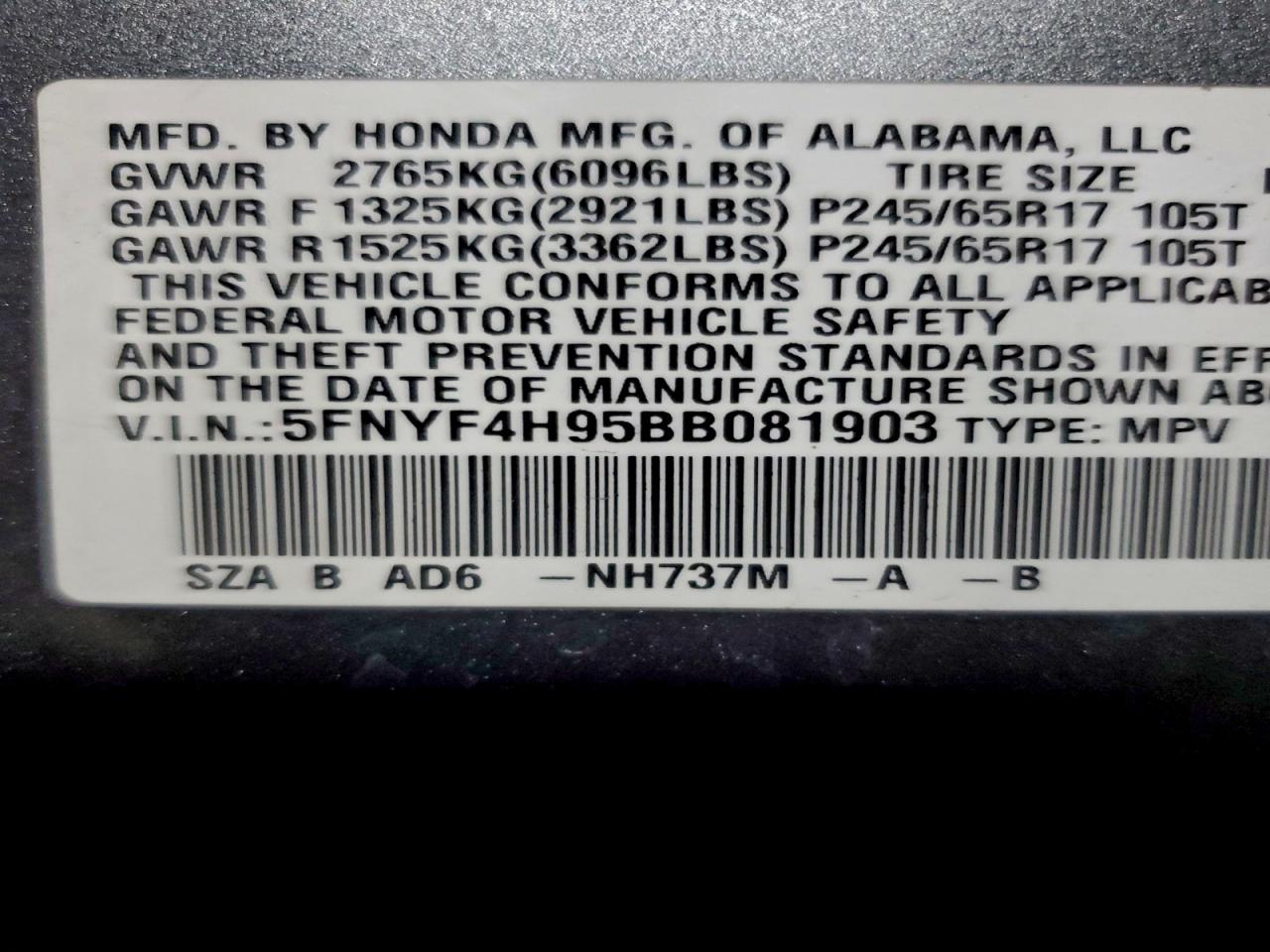 2011 Honda Pilot Touring VIN: 5FNYF4H95BB081903 Lot: 95015275