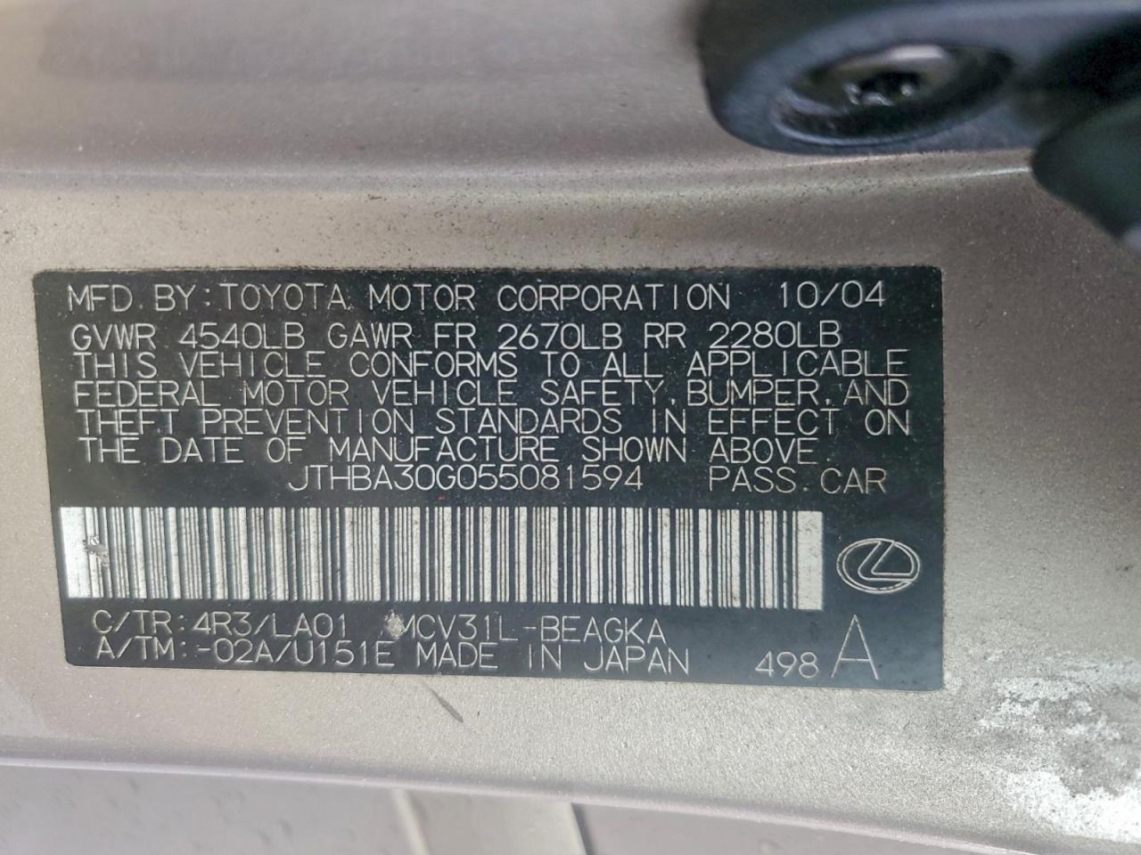 2005 Lexus Es 330 VIN: JTHBA30G055081594 Lot: 94171345