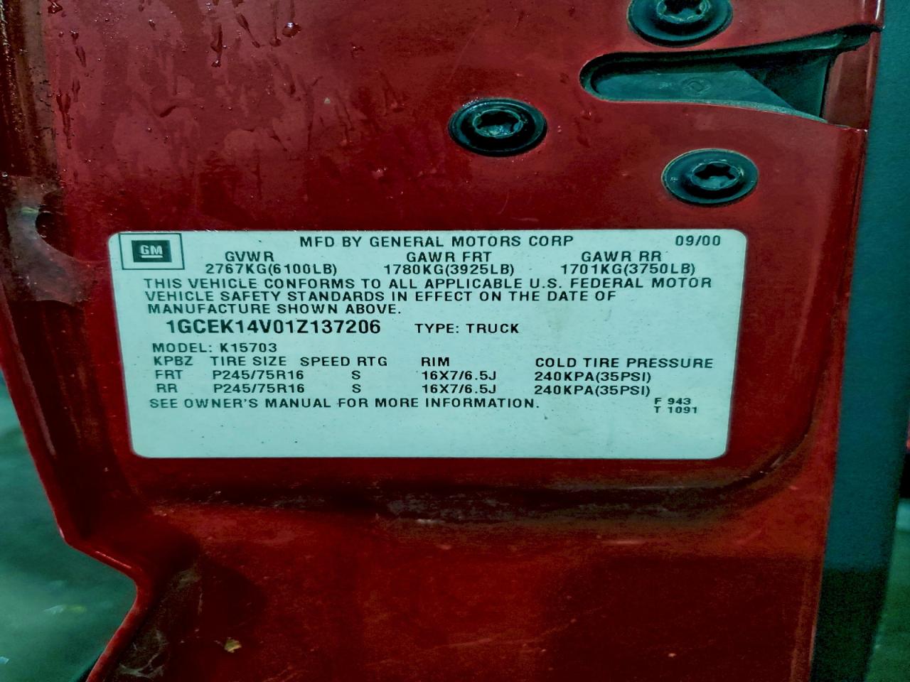 2001 Chevrolet Silverado K1500 VIN: 1GCEK14V01Z137206 Lot: 94461315