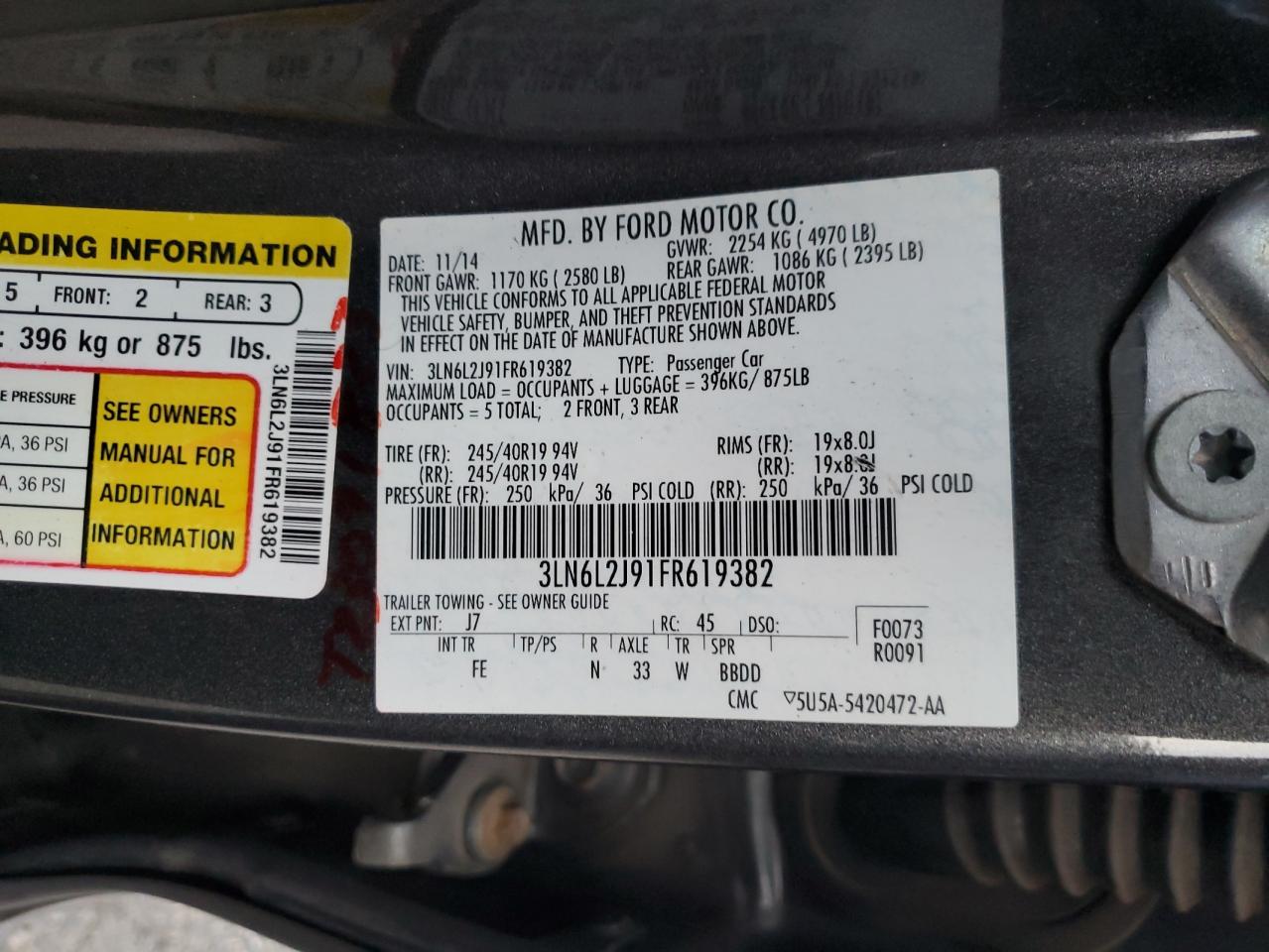 2015 Lincoln Mkz VIN: 3LN6L2J91FR619382 Lot: 90366745