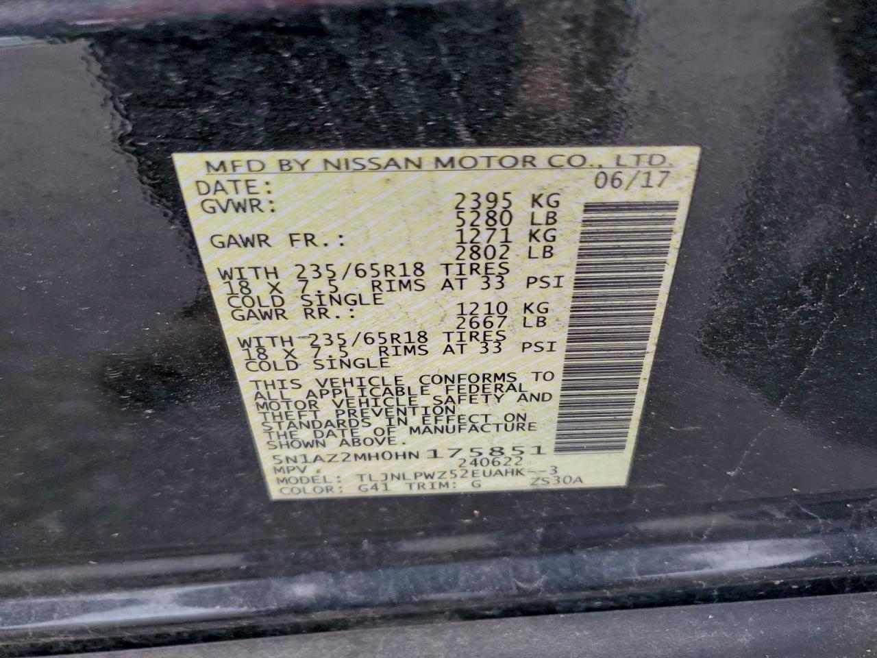 2017 Nissan Murano S VIN: 5N1AZ2MH0HN175851 Lot: 93082245