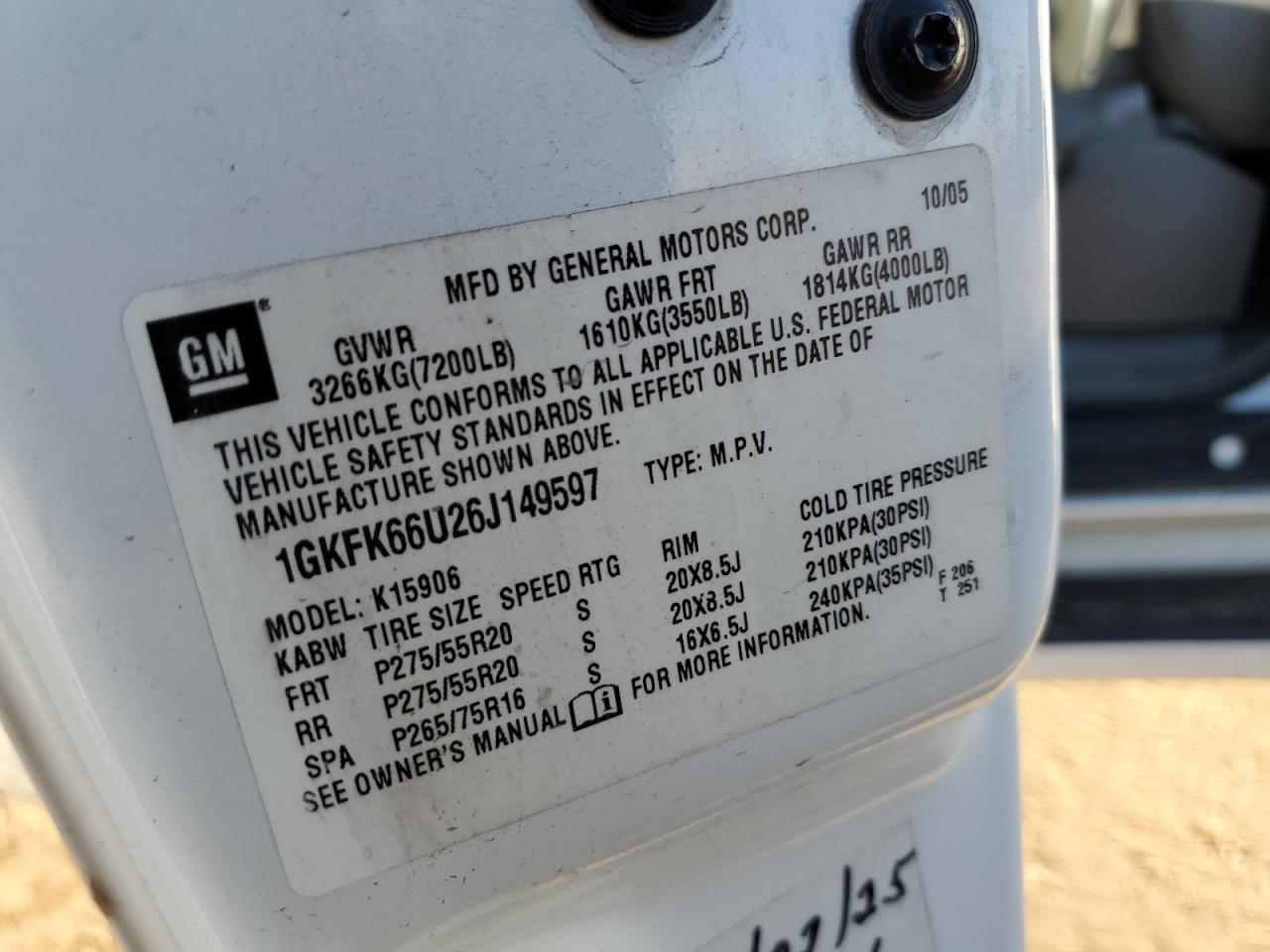 2006 GMC Yukon Xl Denali VIN: 1GKFK66U26J149597 Lot: 92857895