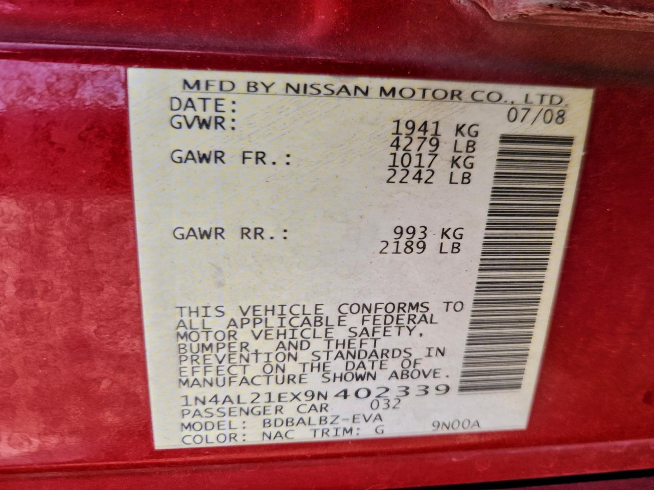 2009 Nissan Altima 2.5 VIN: 1N4AL21EX9N402339 Lot: 94371455