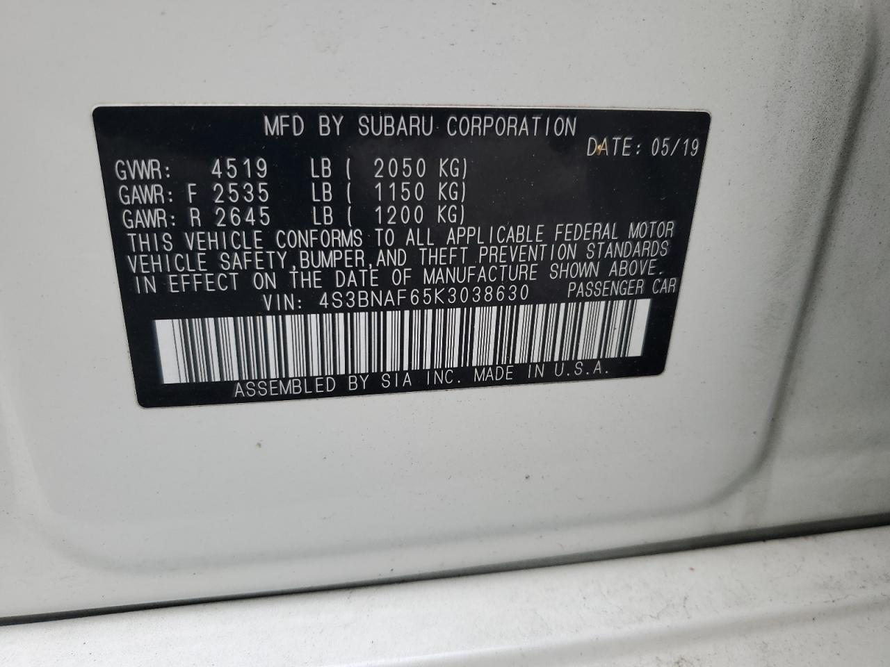 2019 Subaru Legacy 2.5I Premium VIN: 4S3BNAF65K3038630 Lot: 92663925