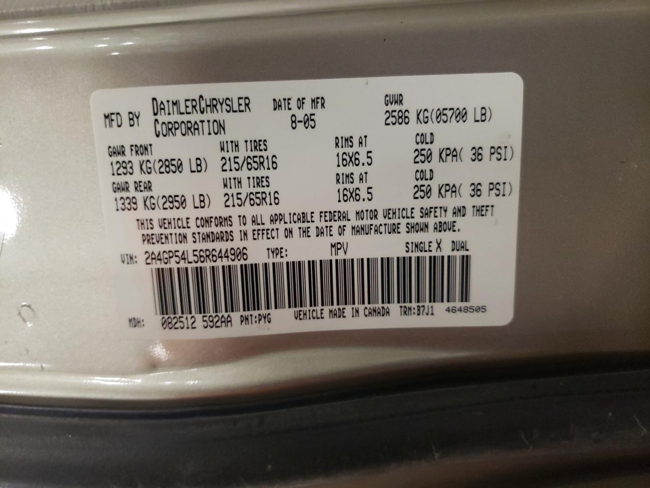 2006 Chrysler Town & Country Touring VIN: 2A4GP54L56R644906 Lot: 93301665