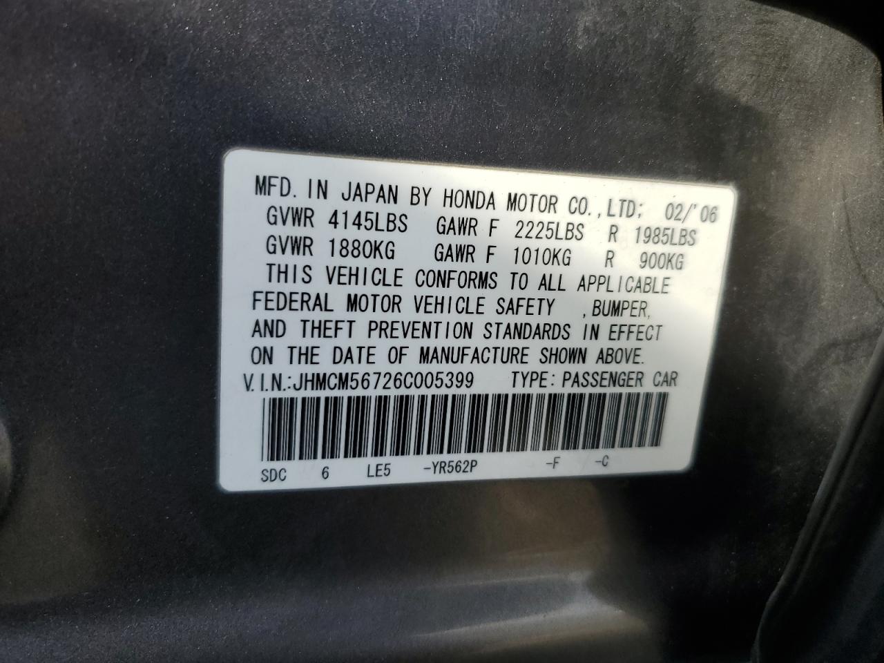 2006 Honda Accord Ex VIN: JHMCM56726C005399 Lot: 91930235