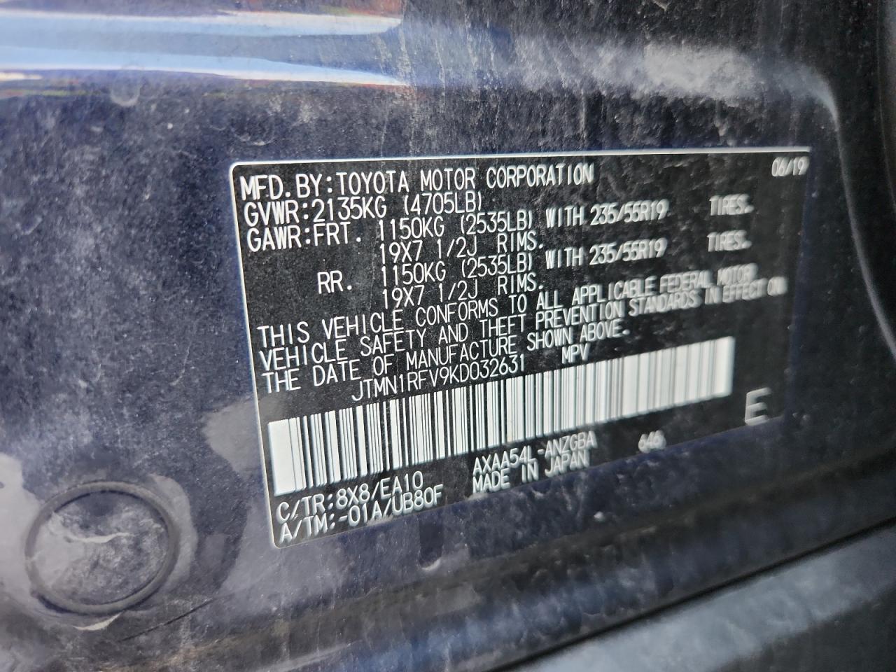 2019 Toyota Rav4 Limited VIN: JTMN1RFV9KD032631 Lot: 92018465