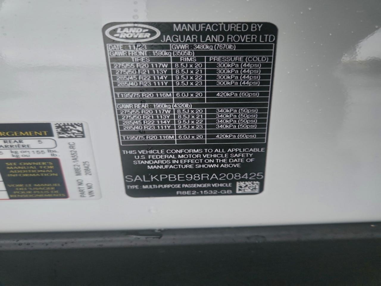 2024 Land Rover Range Rover Se VIN: SALKPBE98RA208425 Lot: 93849045