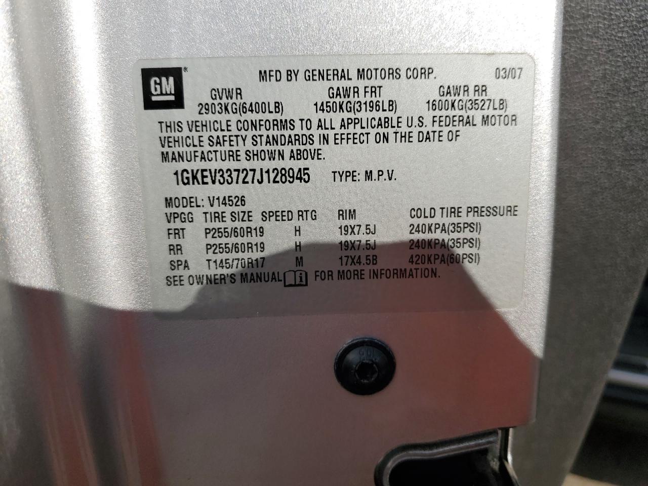 2007 GMC Acadia Slt-2 VIN: 1GKEV33727J128945 Lot: 91569295
