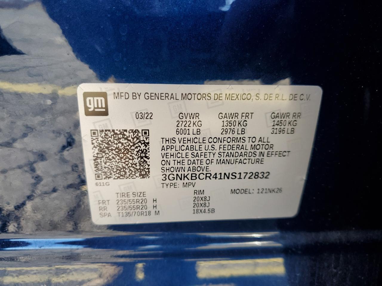 2022 Chevrolet Blazer 2Lt VIN: 3GNKBCR41NS172832 Lot: 92207375