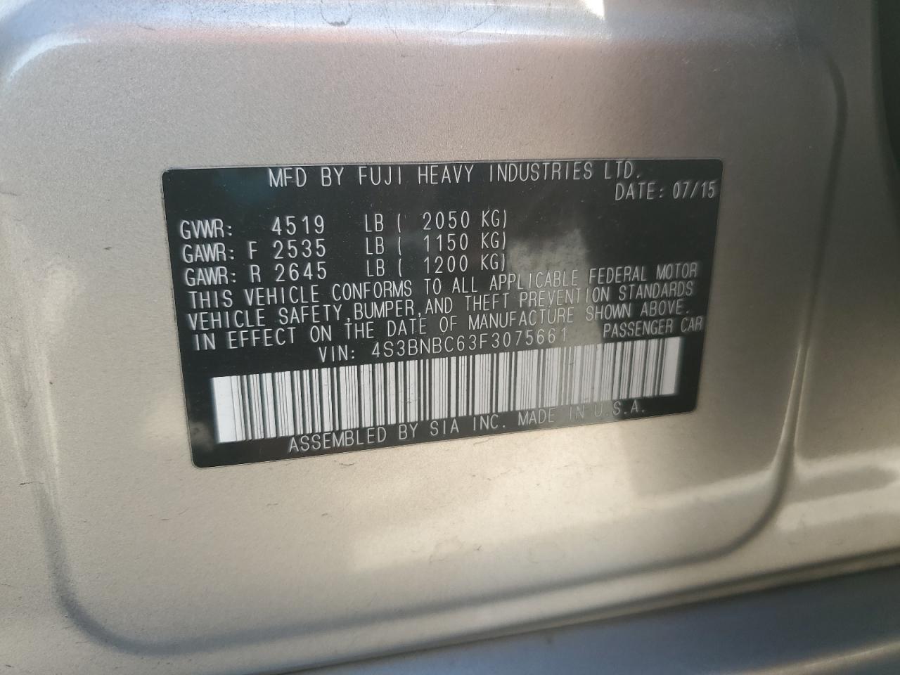 2015 Subaru Legacy 2.5I Premium VIN: 4S3BNBC63F3075661 Lot: 91288415