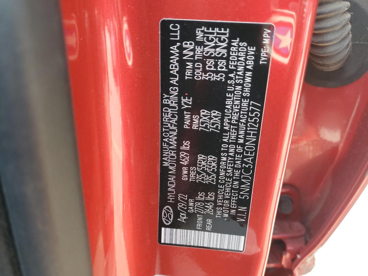 2022 Hyundai Tucson Sel VIN: 5NMJC3AE0NH125577 Lot: 92082015