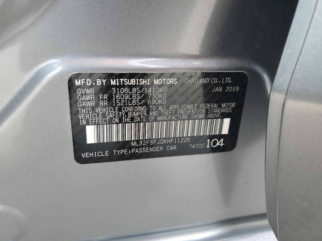 2019 Mitsubishi Mirage G4 Es VIN: ML32F3FJ0KHF11226 Lot: 92678305