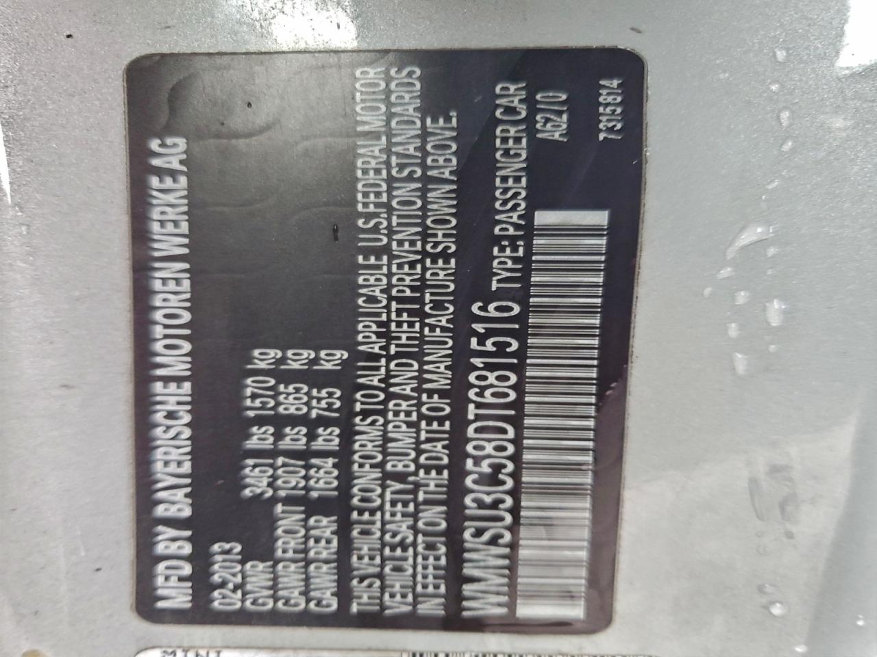 2013 Mini Cooper VIN: WMWSU3C58DT681516 Lot: 93606185