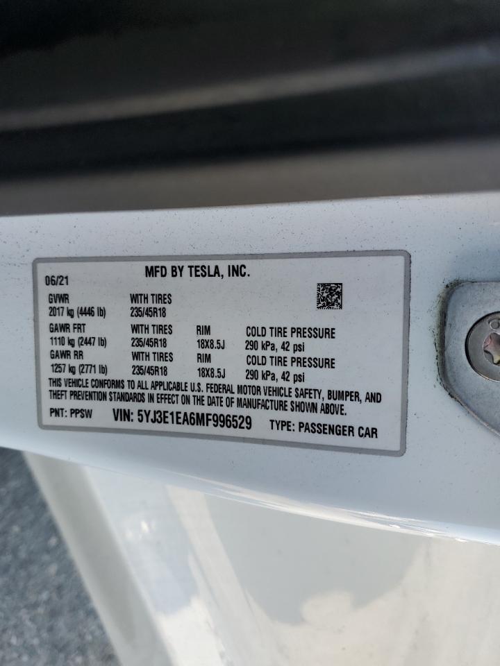 2021 Tesla Model 3 VIN: 5YJ3E1EA6MF996529 Lot: 85412795