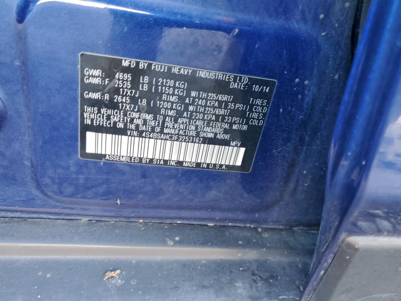 2015 Subaru Outback 2.5I Premium VIN: 4S4BSAHC3F3253162 Lot: 93738945