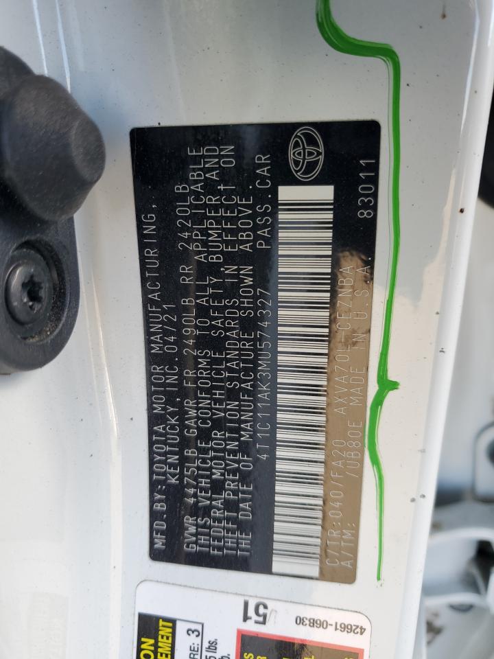 2021 Toyota Camry Le VIN: 4T1C11AK3MU574327 Lot: 92167715